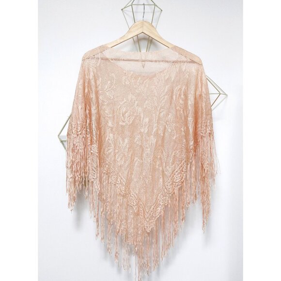 Vintage 80s Sheer Nude Poncho Floral Knit Lace, Women's Lace Shawl Boho Festival - Picture 4 of 5